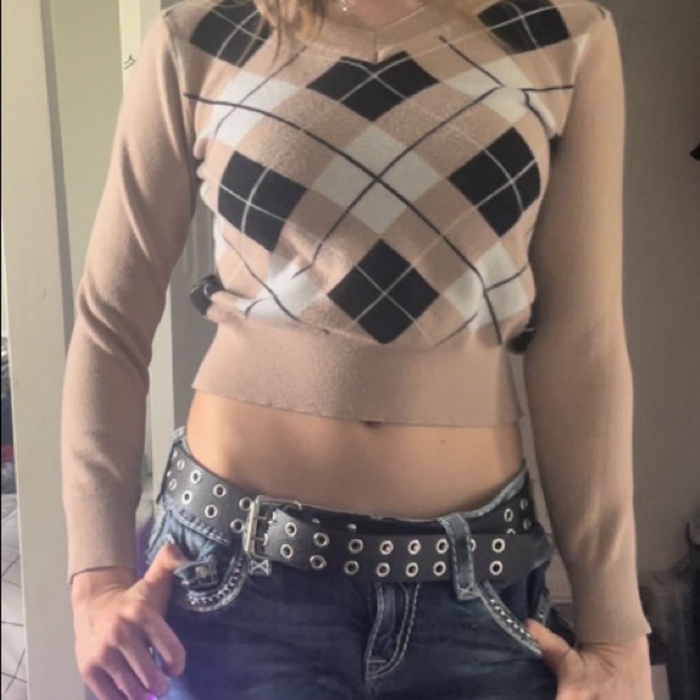 plaid polyester, long sleeve sweater